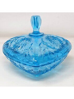 VTG Mid-Century Hazel Atlas Capri Blue Glass Pinwheel Triangle Dish W/Lid #WS2